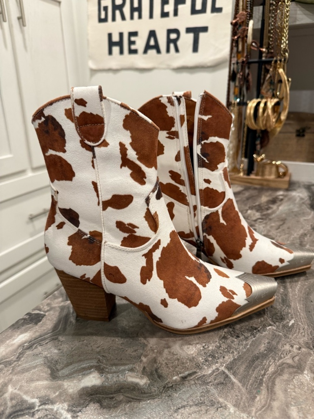 BEAST FASHION Brown & White Cow Print Western Ankle Boots - Picture 2 of 9